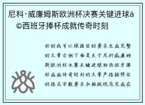 尼科·威廉姆斯欧洲杯决赛关键进球助西班牙捧杯成就传奇时刻 尼科·威廉姆斯欧洲杯决赛关键进球助西班牙捧杯成就传奇时刻